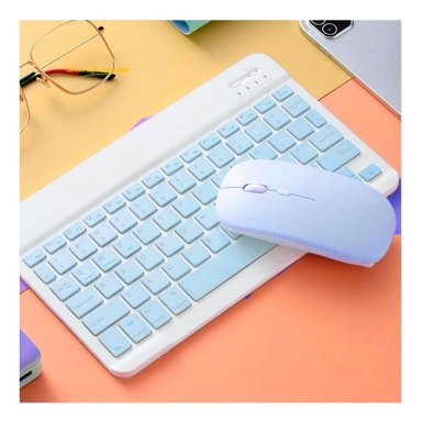 TECLADO INALÁMBRICO RYBIU RECARGABLE KEYBOARD EN COLOR CELESTE + PAPEL REGALO TE29870 KIT - 5