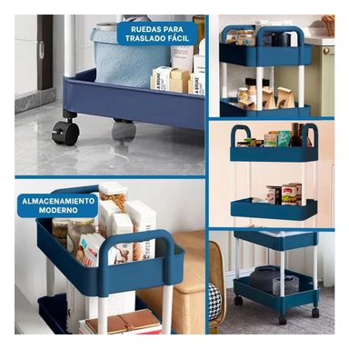ORGANIZACION DE COCINA 3 NIVELES CON RUEDAS AZUL PARA MEJOR DISTRIBUCION Y+POST IT
