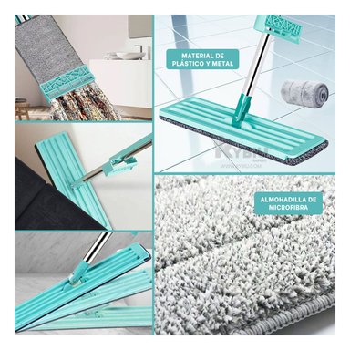 SET LIMPIEZA RYBIU TRAPEADOR PLANO 360 GRADOS + ESCURRIDOR EN VERDE AGUA