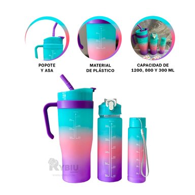 SET TRIO BEBEDOR RYBIU CO30087 CON CAÑA Y MANGO CELESTE + POST-IT ADHESIVOS