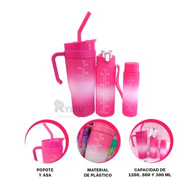 SET TRIO BEBEDOR RYBIU CO30086 CON CAÑA Y MANGO FUCSIA + POST-IT ADHESIVOS