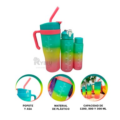 SET TRIO BEBEDOR RYBIU CO30085 CON CAÑA Y MANGO VERDE + POST-IT ADHESIVOS