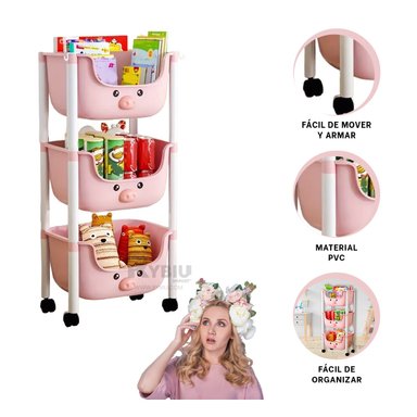 ESTANTE RYBIU HO29673 ROSADO CON RUEDAS FUNCIONAL + BANDERITAS ADHESIVAS