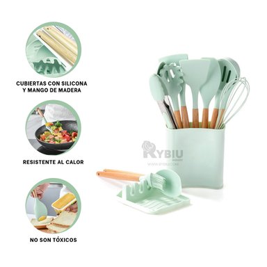 SET UTENSILIOS RYBIU CO29872 VERDE AGUA ERGONOMICOS + LIGAS REGALO