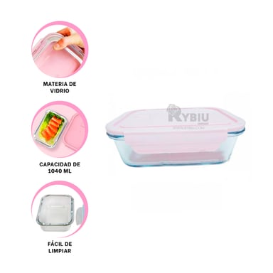 RECIPIENTE UTIL DE COMIDA RYBIU CO32519 VIDRIO ROSADO 1040ML +REGALO STICKERS - 4