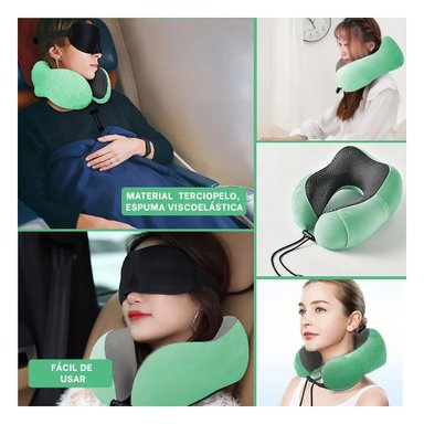 COJIN DE CUELLO CONFORT PARA VIAJAR CON TERCIOPELO VERDE Y ESPUMA VISCOELASTICA Y+LIGAS REGALO - 5
