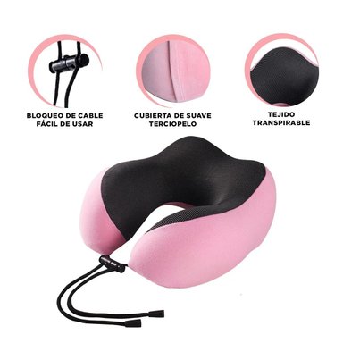 COJIN DE CUELLO CONFORT PARA VIAJAR CON TERCIOPELO ROSADO Y ESPUMA VISCOELASTICA Y+LIGAS REGALO - 3