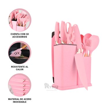 SET ACCESORIOS COCINA RYBIU CO29821 ROSADO FUNCIONAL 18 PIEZAS + PAPEL REGALO