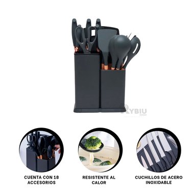 KIT DE CUCHARONES Y UTENSILIOS NEGRO Y+ENVOLTORIO DE REGALO