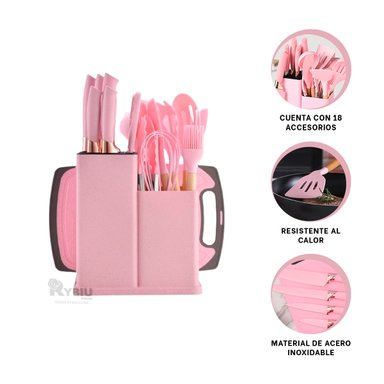 KIT PARA COCINAR 18 UTENSILIOS ROSADO Y+GIFT MINIAGENDA
