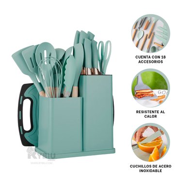 SET ACCESORIOS COCINA RYBIU CO29819 VERDE CUBIERTOS + REGALO LIGAS PEINAR