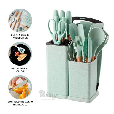 SET ACCESORIOS COCINA RYBIU CO29819 VERDE CUBIERTOS BONITO + LIGAS REGALO