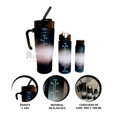 SET TRIO ENVASE RYBIU CO30088 AGUA NEGRO + REGALO LIGAS PEINAR