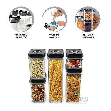 CONTENEDOR RYBIU CO30378 NEGRO KIT GUARDAR VIVERES 5 TAPA NEGRA + LIGAS REGALO