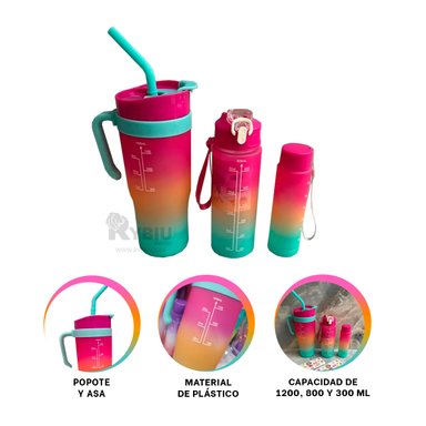 BOTELLAS RYBIU CO30084 CON DIFERENCIAS FUCSIA 3 UNIDADES + GIFT STICKERS