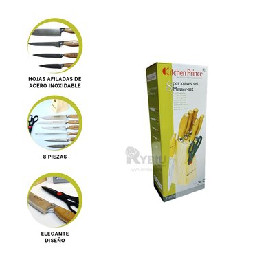 KIT RYBIU CUCHILLAS MADERA + GIFT STICKERS CO30465 ACERO INOXIDABLE 8 PIEZAS