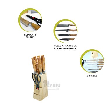 PACK CUCHILLOS RYBIU PACK FILOSO MADERA + BANDERITAS ADHESIVAS CO30465 ACERO INOXIDABLE 8 PIEZAS