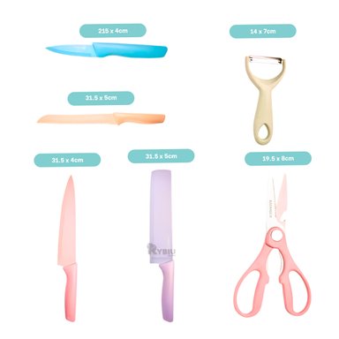 PACK CUCHILLOS RYBIU RESISTENTE MULTICOLOR + LIGAS REGALO CO30464 MÁRMOL 6 PIEZAS