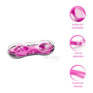 LENTES NATACIÓN RYBIU MG-F268A ANTI NIEBLA ROSADO + REGALO LIGAS PEINAR