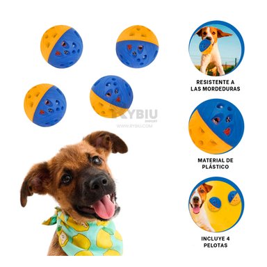 PELOTA PERROS Y GATOS RYBIU INCLUYE 4 PIEZAS EN AZUL Y AMARILLO + GIFT STICKERS