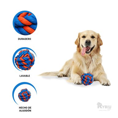 BOLA ALGODÓN PERROS RYBIU CUERDA INTERACTIVA EN AZUL + BANDERITAS ADHESIVAS