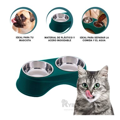 PLATO PERRO Y GATO PC120 RYBIU INOXIDABLE MASCOTAS VERDE OSCURO + STICKERS