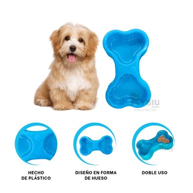 COMEDERO PERRO Y GATO MA31296 RYBIU CON FORMA HUESO DOBLE CELESTE + REGALO STICKERS