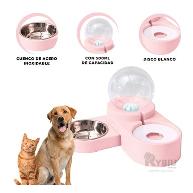 ALIMENTADOR CON BIDON PARA PERROS TONO ROSADO Y+STICKERS