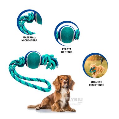 CUERDA PERROS MA31354 LAVABLE CON NUDO Y BOLA TENNIS AZUL + REGALO AGENDITA RYBIU