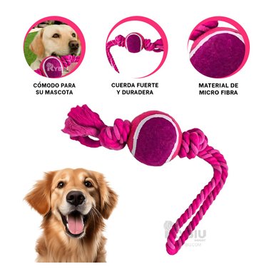 CUERDA PERROS MA31360 RESISTENTE + PELOTA PET TOY ROSADO + REGALO STICKERS RYBIU