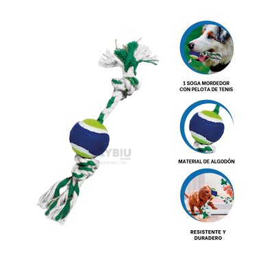 CUERDA ALGODÓN PERROS MA29965 ENROLLADA CON PELOTA MASCOTA MULTICOLOR + STICKERS RYBIU