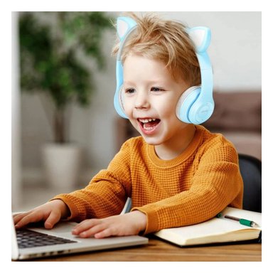 AUDÍFONOS GAMER RYBIU INALÁMBRICO MOL2 BLUETOOTH OREJERAS PORTATIL GATO COLOR CELESTE + POST-IT ADHESIVOS - 1