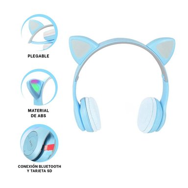 AUDÍFONOS GAMER RYBIU INALÁMBRICO MOL2 BLUETOOTH OREJERAS PORTATIL GATO COLOR CELESTE + POST-IT ADHESIVOS - 4