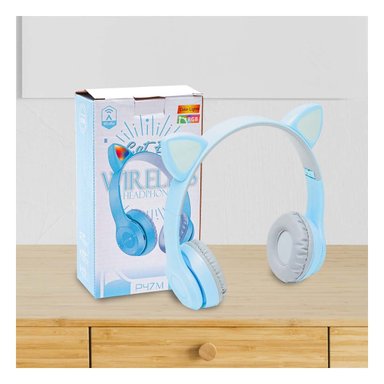 AUDÍFONOS GAMER RYBIU INALÁMBRICO MOL2 BLUETOOTH OREJERAS PORTATIL GATO COLOR CELESTE + POST-IT ADHESIVOS - 5