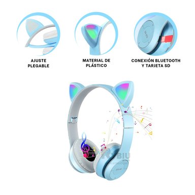 AUDÍFONOS GAMER RYBIU INALÁMBRICO MOL2 BLUETOOTH OREJERA STREMS GATO CELESTE + REGALO LIGAS PEINAR - 1