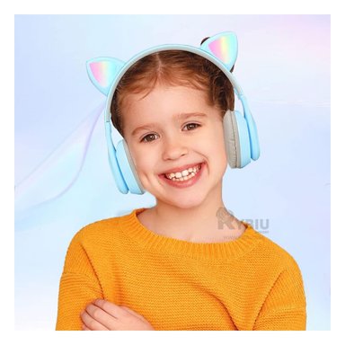 AUDÍFONOS GAMER RYBIU INALÁMBRICO MOL2 BLUETOOTH OREJERA STREMS GATO CELESTE + REGALO LIGAS PEINAR - 2