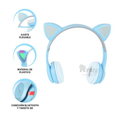 AUDÍFONOS GAMER RYBIU INALÁMBRICO MOL2 BLUETOOTH OREJERA STREMS GATO CELESTE + REGALO LIGAS PEINAR - 4