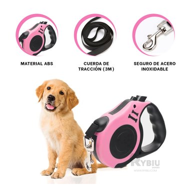 CORREA PERROS MA31380 RYBIU CUERDA RETRACTIL PET 3M EN ROSADO + REGALO LIGAS PEINAR