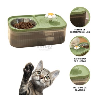 DISPENSADOR GATO MA31406 RYBIU DOBLE COMIDA Y AGUA VERDE + REGALO STICKERS