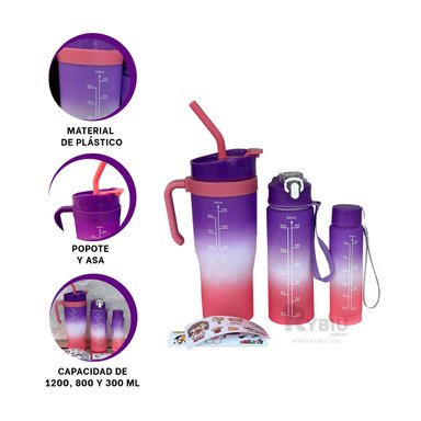 SET TRIO ENVASE RYBIU CO30089 AGUA MORADO + REGALO LIGAS PEINAR