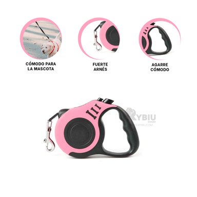 CORREA PERROS MA31383 RYBIU CUERDA RETRACTIL CAN 5M EN ROSADO + LIGAS REGALO