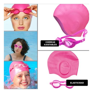 JUEGO ROSADO DE NATACION CON LENTES Y GORRO PARA USO REGULAR Y+POST IT