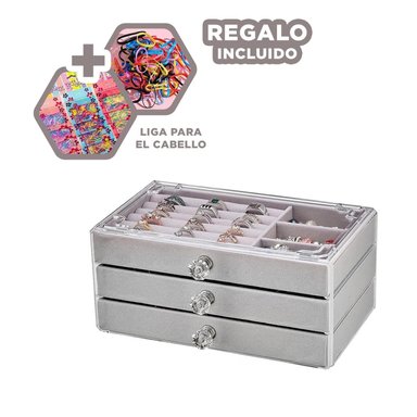 JOYERO RYBIU BE32216 CAJA MODERNA JOYERIA 3 NIVELES PLOMO + LIGAS REGALO