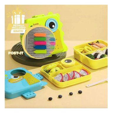 FIAMBRERA DE DINOSAURIO 1600ML CELESTE Y+POST-IT ADHESIVOS