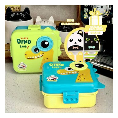 PACK3 LONCHERA DIBUJO DINO 1600ML CELESTE Y+REGALO AGENDITA