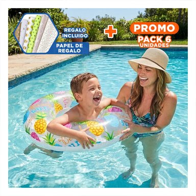 PACK6 ARO FLOTANTE DE 61 CM CON DISEÑOS DE PIÑA PARA DIVERSION ACUATICA Y+PAPEL REGALO