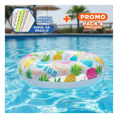 PACK4 ARO INFLABLE DE 61 CM CON GRAFICA COLORIDA DE PIÑA PARA PISCINA Y+PAPEL REGALO