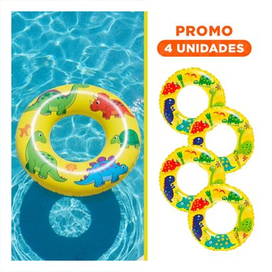 PACK4 RUEDA INFLABLE AMARILLA CON ILUSTRACIONES DE DINOSAURIO PARA PISCINA Y+REGALO STICKER