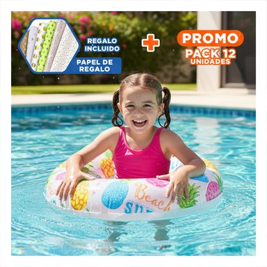 PACK12 RUEDA INFLABLE DE 61 CM CON ILUSTRACIONES DE PIÑA PARA PISCINA Y+PAPEL REGALO
