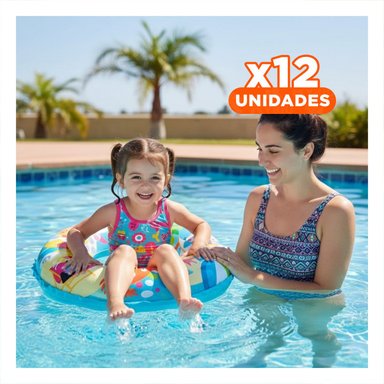 PACK12 ARO INFLABLE CELESTE DE 61 CM CON DISENO DE PLAYA PARA PISCINA Y VERANO